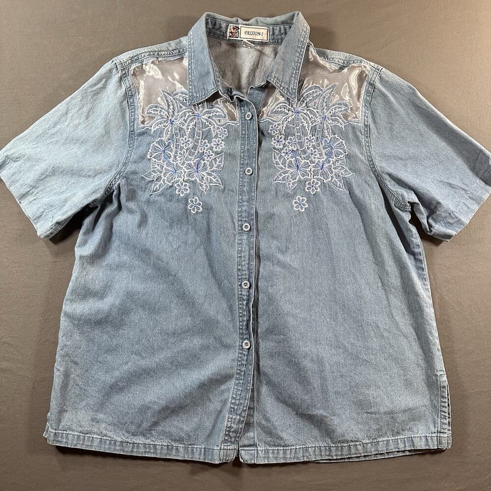 PASSION-I Denim Floral Embroidered Button-Up Shirt Blue Short Sleeve XL